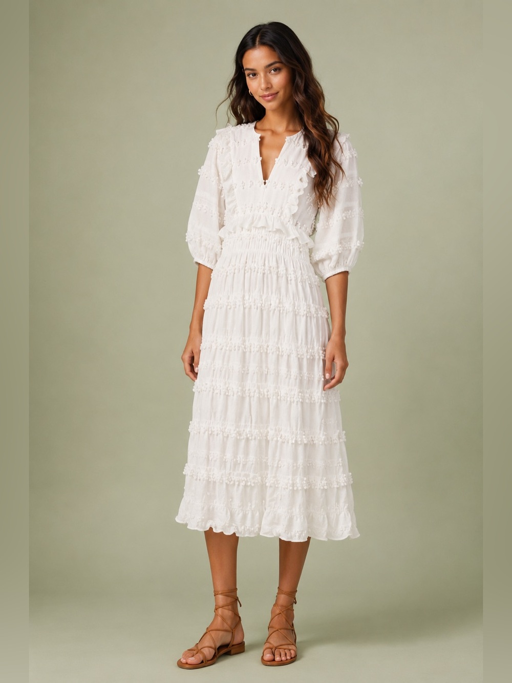 FARM Rio white Tiered Midi Dress with V-Neck - Picture 1 of 12